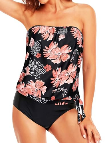 Yutdeng Tankini Traje de Baño para Mujer Dos Piezas Push Up Conjunto de Bañador Bandeau Relleno Top Tirantes Ajustables Desmontables Tankinis Vientre Plano Trajes de Baño 2 Piezas Braga Swimwear Playa