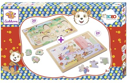 Eichhorn 109245681 - Bobo Siebenschläfer - 2 Puzzle, Steckpuzzle 20 TLG.+ Klassisches Puzzle 24 TLG., mit verschiedenen Schwierigkeitsgraden, 100% FSC zertifiziertes Sperrholz, ab 2 Jahren