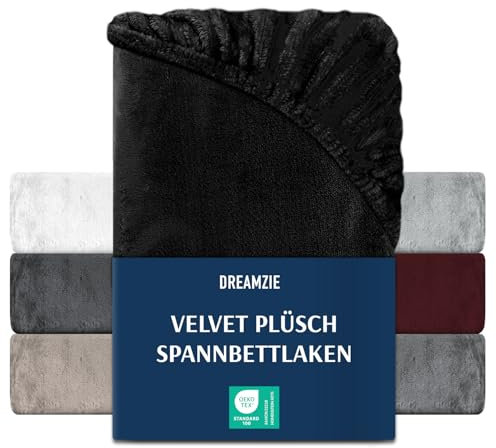 DREAMZIE Premium Frottee Spannbettlaken 140 x 200-160 x 200, Cashmere-Touch Bettlaken Jersey Fleece Spannbetttuch Laken, Schwarz