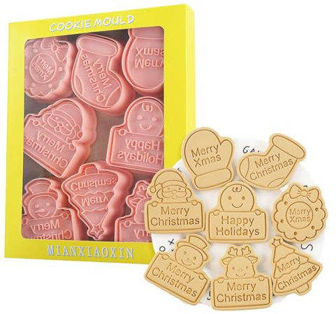 PTaizjjz Christmas Cookie Cutters, 8pcs 3D Pressable Christmas Cookie Stamps Set- Gingerbread Man, Christmas Tree, Snowman,Santa,Garland,Elk,Gloves,Socks,Merry Christmas