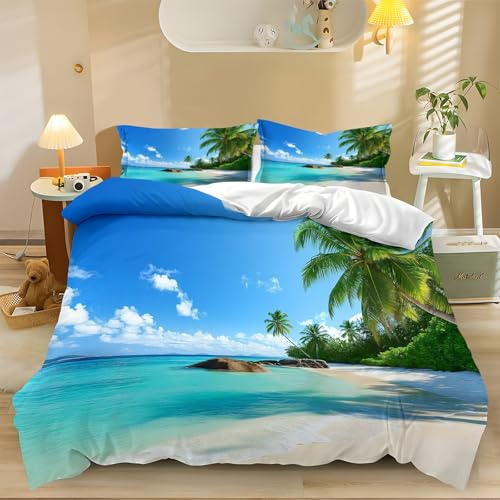 Generisch Bettwäsche-Set Naturlandschaft Strand Sand Palmen 3D-Druck Verdeckter Reißverschluss Mikrofaser Bettwäsche 135x200cm Weicher Bettbezug für Erwachsene und Kinder 2 Kissenbezüge 80x80cm