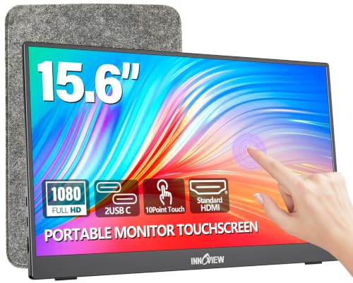 InnoView Portable Monitor Touchscreen 15.6 1080P 10-Point Touch Screen Monitors Portable with Protective Sleeve Built-in Stand, 1200:1 HDMI USB C Travel Monitor for Laptop, PC, Mac, Phone, Switch