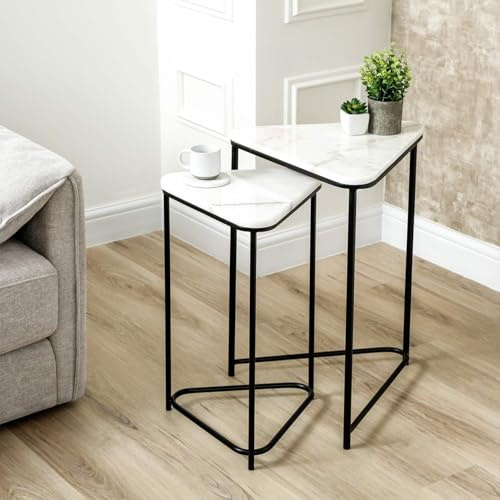 VANITY LIVING Metal Set of 2 Nesting Tables for Living Room – Space-Saving Nest of Side Tables, Accent End Tables Bedroom & Home Decor (Marble Top)
