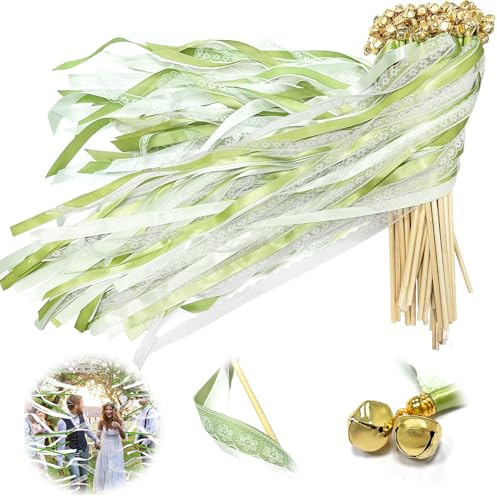 50 Pièces Baguettes de Mariage fée Bâton,Bâtons de Ruban pour Mariage,Baguettes Ruban Banderoles avec Cloches,Baguettees Mariage Ruban,Baguettes de Mariage avec Cloches,Baguettes Ribbon