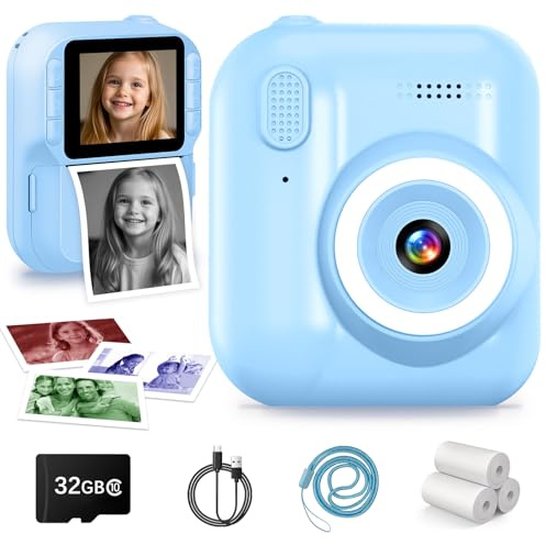 Appareil Photo à Impression instantanée 1080p pour Enfants avec Carte de 32 Go et 3 Rouleaux de Papier d'impression, écran LCD de 6,1 cm, Appareil Photo numérique pour Enfants, Anniversaire pour