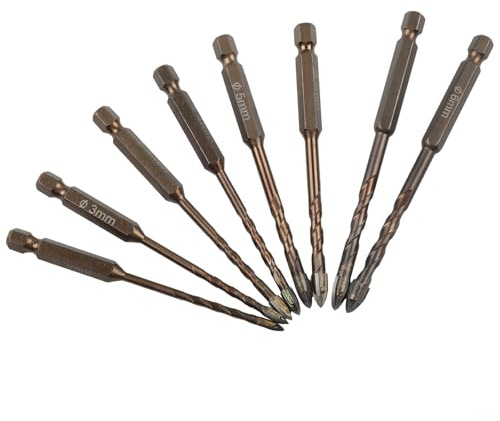 Zilimontt Set di 8 punte da trapano esagonali a croce per piastrelle, vetro, cemento, metallo, legno, plastica, dimensioni 3 mm, 4 mm, 5 mm, 6 mm, compatibili con trapano a mano e trapano elettrico