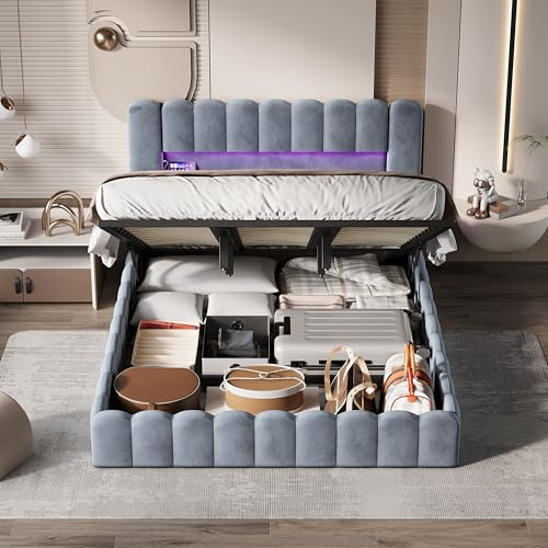 BRYXR Polsterbett 180x200, Bubble Bett mit Hydraulischem Stauraum, USB-Ladefunktion und LED-Beleuchtung, Doppelbett Bettgestell, Jugendbett (Grau Samt, Ohne Matratze)
