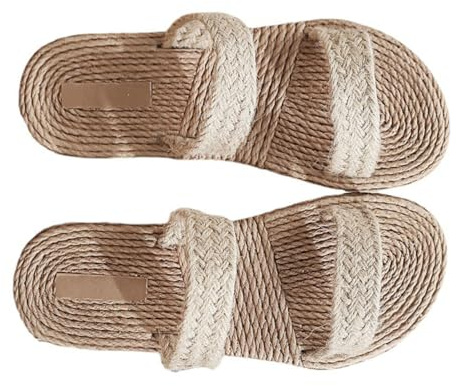 Uonlytech Sandali Donna in Paglia Suola Intrecciata Piatta, Ciabatte Estive Eleganti in Stoffa Beige, Resistenti e Ecologiche per Spiaggia e Ufficio
