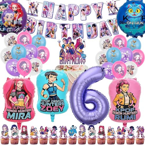 Hunte Merch - 48 decorazioni per compleanno, con striscioni Happy Birthday, palloncini con lettere e decorazioni per torte Demo e fan (6 anni d'old)