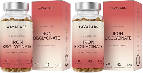 Hierro Suplemento con Vitamina C Natural – Bisglicinato de Hierro 42mg - para Mujer y Hombre - Biodisponibilidad Alta – 120 Cápsulas (Paquete de 2)
