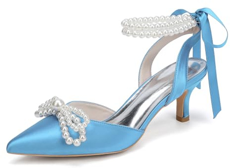 Escarpins Mariée Satin Bout Pointu Nœud Perles Petit Talon Mariage Kitten Heels 6Cm,Sky Blue,41 EU