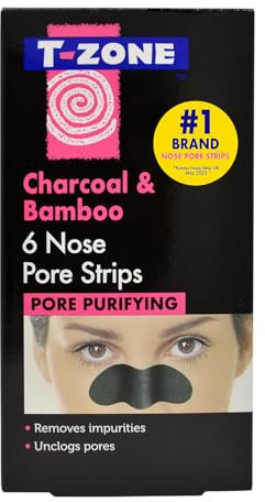 T-Zone Charcoal & Bamboo Nose Pore Strips (6 Pack) - Blackhead Remover Strips with Activated Charcoal, Unclogs Pores, Removes Dirt & Oil for Fresh, Clearer Skin