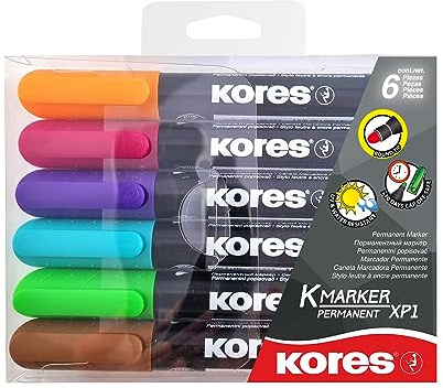 Kores - K-Marker XP1 : Marqueurs permanents de couleur, pointe ronde, encre imperméable à l'eau et à faible odeur, pour toutes les surfaces, lot de 6 couleurs assorties
