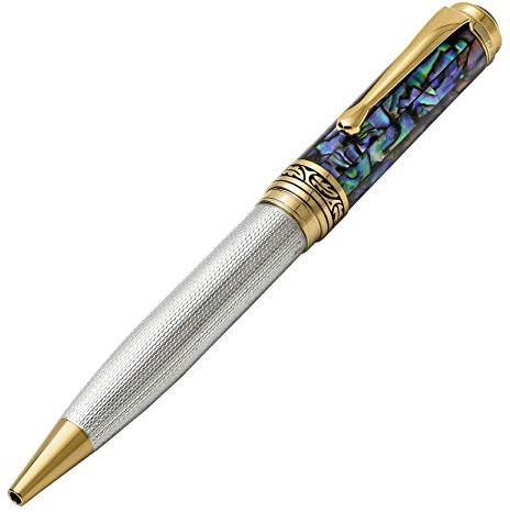 Xezo Stylo-bille Maestro, argent massif 925 et coquille de mer pāua bleue avec placage en or 18 carats. Artisanal, chacun est unique, numéroté