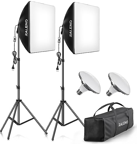 RALENO Softbox, 2 x 50x50 cm Fotografía Set con 50W 5500K LED, Iluminacion para Fotografía, Retransmisiones en Directo, Grabación de Vídeo, Modelo: PS70