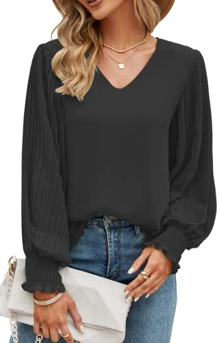 Odosalii Women's Blouses Plus Size Elegant V Neckline Tops Plain Long Sleeve Funeral Pullover Shirts, Basic Baggy Jumper Black Chiffon Tunic Tops