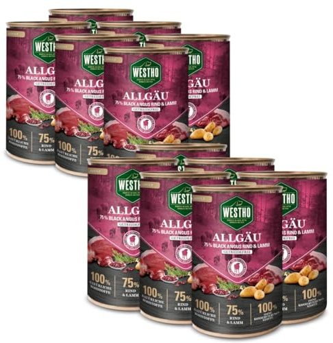 WESTHO Nassfutter Allgäu Adult Senioren (12 x 400 g) | 75% Black-Angus-Rind und Lamm | Getreidefrei | Hundefutter für aktive Hunde jeder Rasse | Reich an Antioxidantien