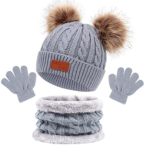 Enwokran Enfant Hiver Bonnet Echarpe Gants Ensemble, 3PCS Polaire Snood Bonnet Chapeau avec Pom Détachable Tricoté Tour de Cou Chaud avec Doublure Gants pour Fille Garçon 2-6 ans (Gris)