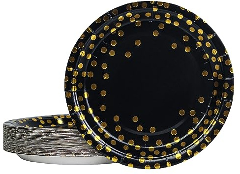 EVYIENEN Lot de 50 assiettes en carton noir et doré - 17,8 cm - Assiettes à dessert jetables en carton - Pour anniversaire, fête, pique-nique et remise de diplôme