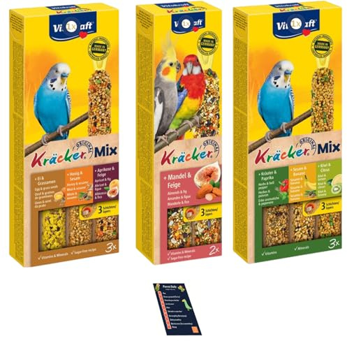 Budgie Food Bundle With Vitakraft Trio Mix Egg, Apricot Fig, Honey, Sesame Seed, Herb Kiwi, Almonds, total of 8 sticks and Ubipet Bird Health Guide