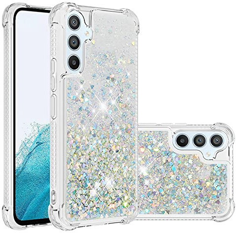 IMIRST Telefonfodral kompatibelt med Samsung A54 Bling flytande glitter silikonskal stöttåligt Kawaii airbag skyddande fodral för Samsung Galaxy A54. YBW kärlek silver