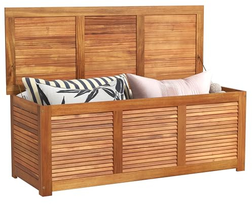 RELAX4LIFE Deck Box Acacia Wood, 46 Gallon Backyard Storage Bin Container for Patio Furniture Cushions, Pillows, Garden Tools, Pool Accessories, Wooden Porch Bench, Indoor Outdoor Storage Box (46 Gal)