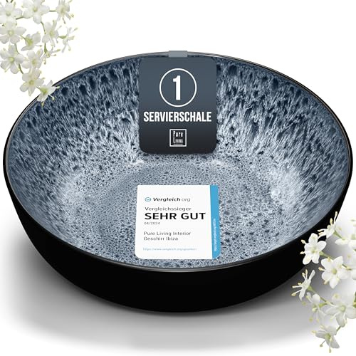 Steingut Servierschüssel Ibiza TESTSIEGER, Traumhafte Mediterrane Salatschüssel, Servierschale - Bowl Schüssel Groß, Salatschale - Pure Living in Rauchblau