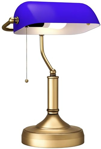 HOMCOM Banker's Table Lamp Desk Lamp with Antique Bronze Tone Base, Blue Glass Shade and Pull Rope Switch for Home Office, Living Room, Bedroom, Dining Room, Blue