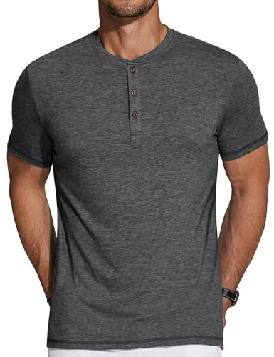 COOFANDY Camisa Henley Camisa Hombre Camiseta Manga Corta con Botones Camiseta Henley Camiseta Casual Verano Camiseta Básica Cuello Henley Gris Oscuro 3XL