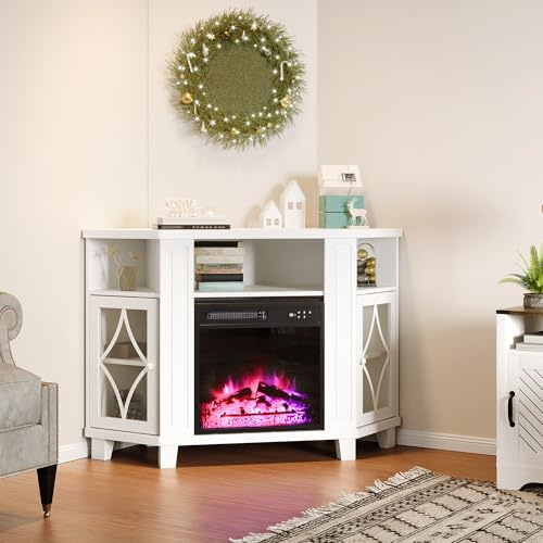 FansaFurn Soportes de TV esquineros con chimenea de 18 pulgadas, mesa consola multimedia con estantes ajustables y puertas acrílicas, centro de entretenimiento para televisores de hasta 55 pulgadas,