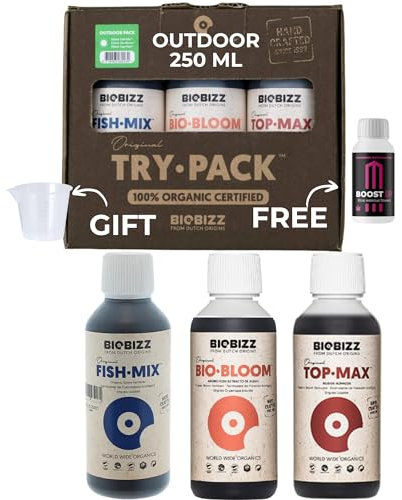 GROWMANIA Trypack Outdoor Biobizz + échantillon Boost Up Nutriments + Verre doseur | Engrais Bio Bloom, Top Max et Fish Mix pour plantes et cultures | Stimulation de la croissance