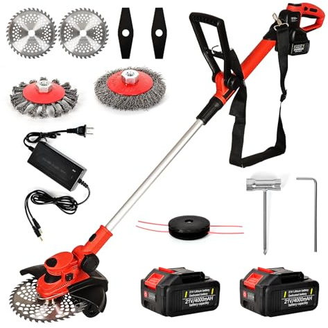 Rasentrimmer mit Akku und Unkrautbürste,4-in-1Freischneider Akku mit 2x4.0Ah Batterie, batteriebetrieben, tragbarer 21-V-Rasentrimmer,für Garden Trimmen