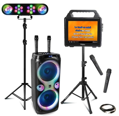 Ibiza – Pack Karaoke Ibiza Altavoz con pantalla Bluetooth KARAVISION en pie – Altavoz de 1000 W Columba-Karaoke – 4 micrófonos VHF – Portico luz