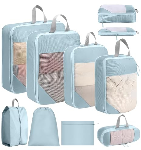 SYEXDZON Compression Packing Cubes for Suitcases, 8pcs Expandable Travel Packing Cubes for Backpack, Ultralight Travel Organisers Bags for Carry On Luggage (Blue)