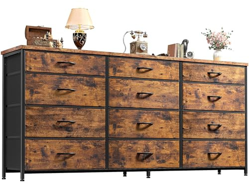 Romorgniz 55 Dresser for Bedroom with 12 Fabric Drawers, Entertainment Center for 60 inch TV Dressers & Chests of Drawers Large Organizer, Living Room, Metal Frame, Wood Top, Rustic Brown