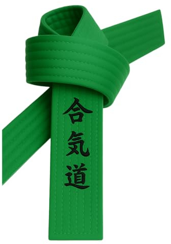 TEKKA BUDO Ceinture d'aïkido verte brodée - caractères d'aïkido janais - Sangle verte avec broderie Kanji, vert, 280 cm