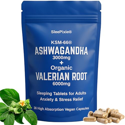 Ashwagandha KSM-66 & Valerian Root for Stress, Tension, Anxiety, and Enhanced Mood. Calming Sleeping Tablets for Adults.