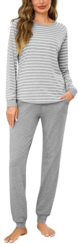 Litherday Pigiama Donna Cotone Lungo Pigiama Due Pezzi Invernale Collo Rotondo Pigiami a Righe Abbigliamento da casa