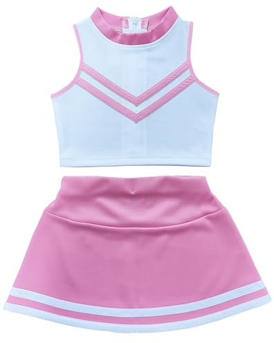 Total 2550 Girls' Kids Children Dress Cheerleader Costume Uniform Cheerleading Outfit Halloween V-Stripes (Sweet pink/White, M / 5-8)