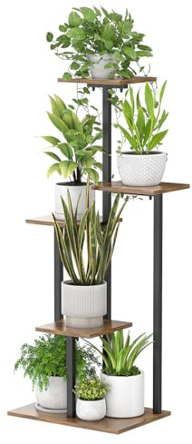 LOOBOV Blumenständer Pflanzenständer Schwarz Metall 5 Etagen Stabiler Pflanzenregal Platzsparendes Holz Blumenhocker Indoor Outdoor für Wohnzimmer, Balkon, Terrasse, Büro Eckregal Deko