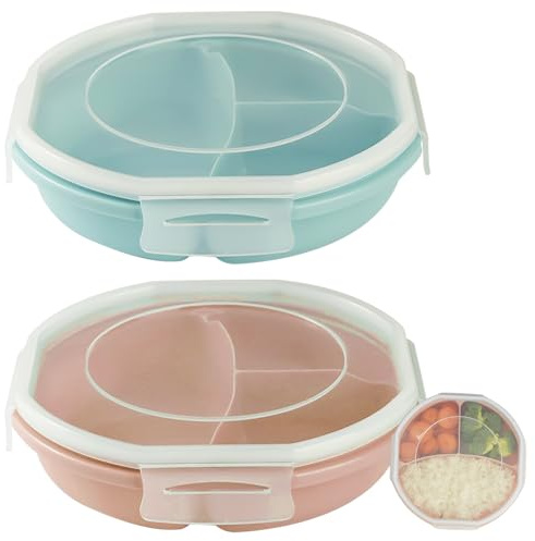 2PCS piatti per microonde con coperchio, ciotole bento, contenitori per alimenti senza BPA con divisione a 3 scomparti, contenitore separato per conservazione ermetica, stoviglie per microonde per