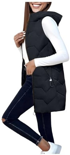 Zuoyue Women's Quilted Gilet Longline Hooded Lightweight Zip Padded Vest Thermal Comfy Casual Plain Gilets Ladies Body Warmers Long Sleeveless Jacket Hooded Gilets Winter Vest Coat (L)