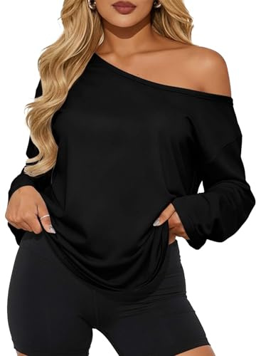 TZLDN Women Off the Shoulder Tops Oversized Long Sleeve Top Going Out Loose Pullover Tshirts Blouse Tunik Black S