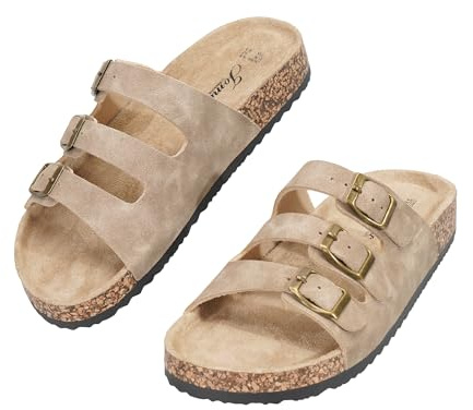 JOMIX Sandales d'été Femme avec Semelles de Liège Sabots en Cuir Daim Chaussures Plates avec 3 Brides à Boucles Réglables pour Extérieur