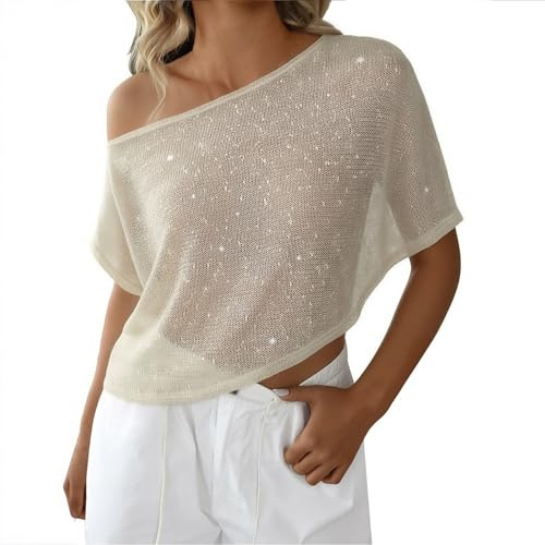 Ponchos de plage pour femmes UK Hauts asymétriques à paillettes pour femmes Débardeurs à épaules dénudées pour femmes Hauts en crochet pour femmes Châle léger transparent en maille Blouse à découpe