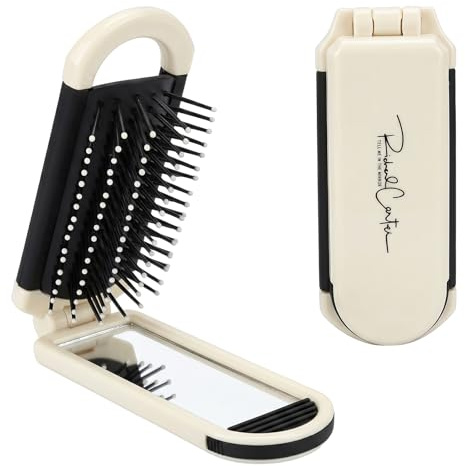 Spazzola per Capelli Pieghevole con Specchietto Estraibile, Spazzola Massage-Capelli Design Compatto e Portatile Ideale per Viaggio e Palestra, Design Elegante con Specchietto Integrato, Colore Avorio