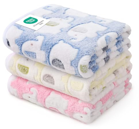 1 Pack 3 Blankets Super Soft Fluffy Premium Cute Elephant Pattern Pet Blanket Flannel Throw for Dog Puppy Cat Blue/Pink/Yellow Small(23x16 inch)