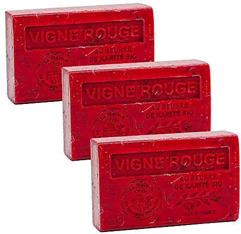 Maison du Savon de Marseille - French Soap made with Organic Shea Butter - Moisturising for Soft Skin - Red Wine Fragrance - 125 Gram Bars - Set of 3