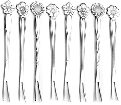 8Pcs 4.9 Inch Flower Stainless Steel Friut Forks Small Pickle Forks Dessert Cake Forks Salad Bistro Cocktail Fork Two Prong Dinner Appetizer Fork for Banquet Party Seafood Cocktail (Silver)
