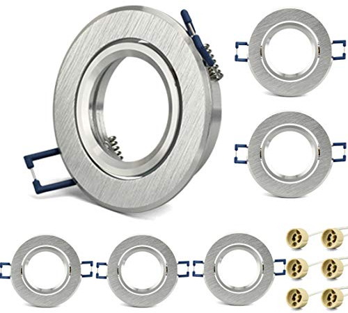 KYOTECH Einbauleuchten rahmen GU10 6er Set Gebürstetes Aluminium Schwenkbar 45 ° Einbauspots Einbauleuchten für Halogen Leuchtmittel LED-Modul MR16, inkl. GU10 Fassung für 230V